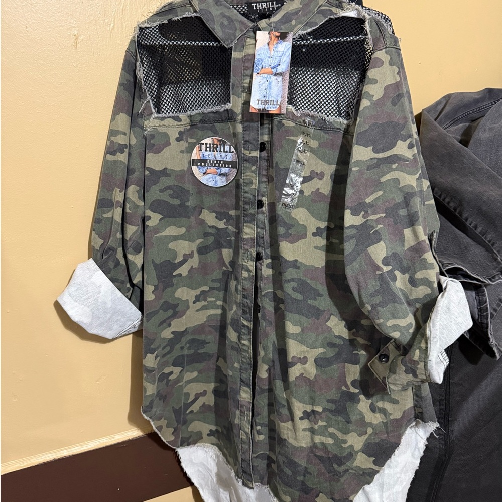 Thrill Camouflage Button-Up Top